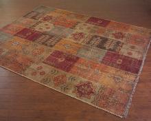 John Richard JRR-0167 - HAND WOVEN JEWELTONE PATCHWORK RUG WOULD ADD WARMTH TO ANY ROOM.  INDIGO, CAMEL AND BURGUNDY ARE A B